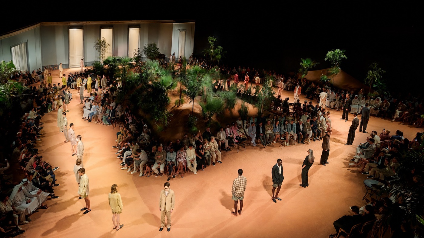 ZEGNA SS26 Dubai runway: an oasis of palms and sand rings with guests at Dubai Opera